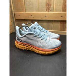 Hoka Clifton 8 Running Shoes Size 7D Light Blue Orange Yellow Womens